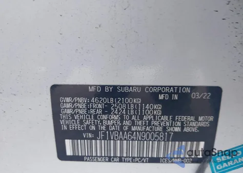 2022 Subaru Wrx z USA, uszkodzony, nr VIN JF1VBAA64N9005817